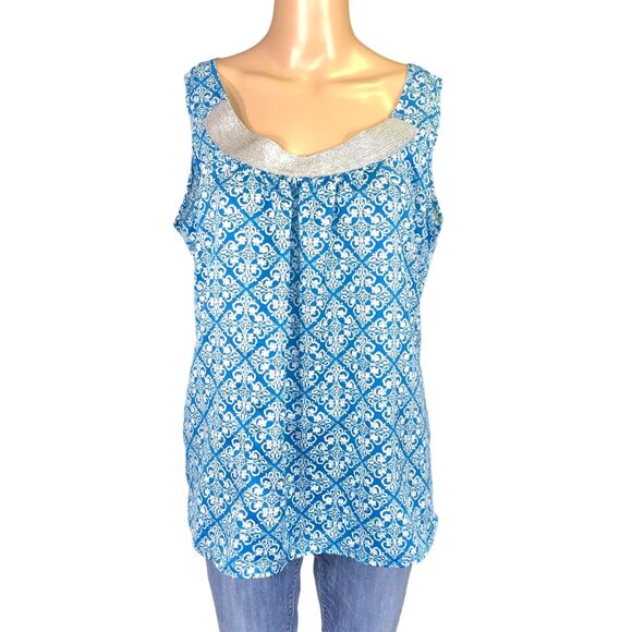 GAP Womens Blouse Top Silver Collared Sleeveless Pullover Teal White Medium - Picture 7 of 12